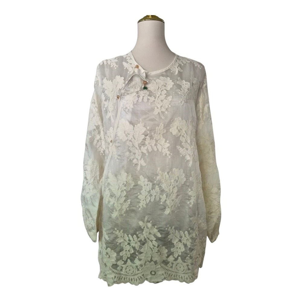 Dazhi White Floral Lace Tunic Top Women's Size 2 Sheer Embroidered Long...